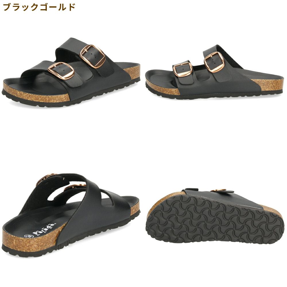 サンダル レディース つっつかけ 疲れない カジュアル フットベッド 2本ベルト ぺたんこ 本革インソール フラット おしゃれ きれいめ バックル かかとなし Parade 1221