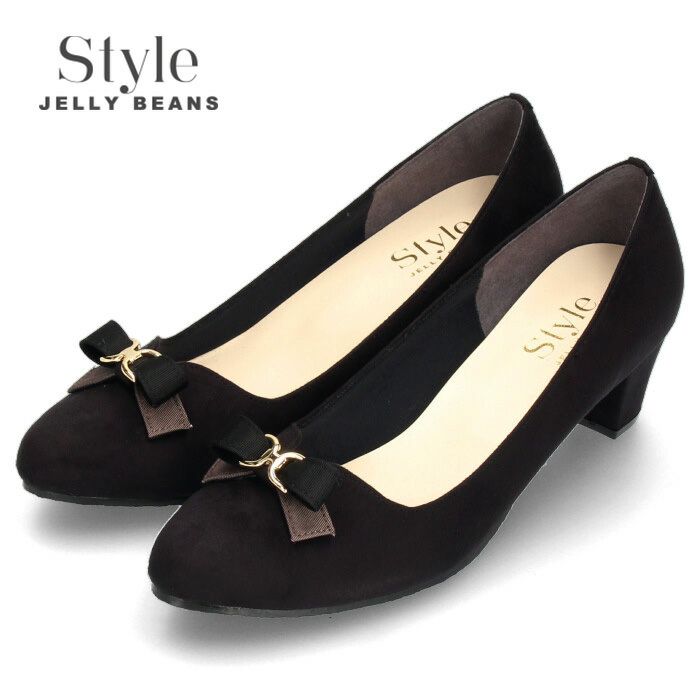 Style JELLY BEANS ジェリービーンズ 5342 レディース パンプス 靴 ローヒール スエード リボン 5センチ 日本製 ラウンドトゥ 黒 ブラック クロ