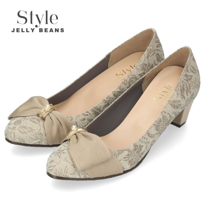 Style JELLY BEANS ジェリービーンズ 5363 レディース パンプス 靴 ローヒール レース リボン 5センチ 日本製 オーク