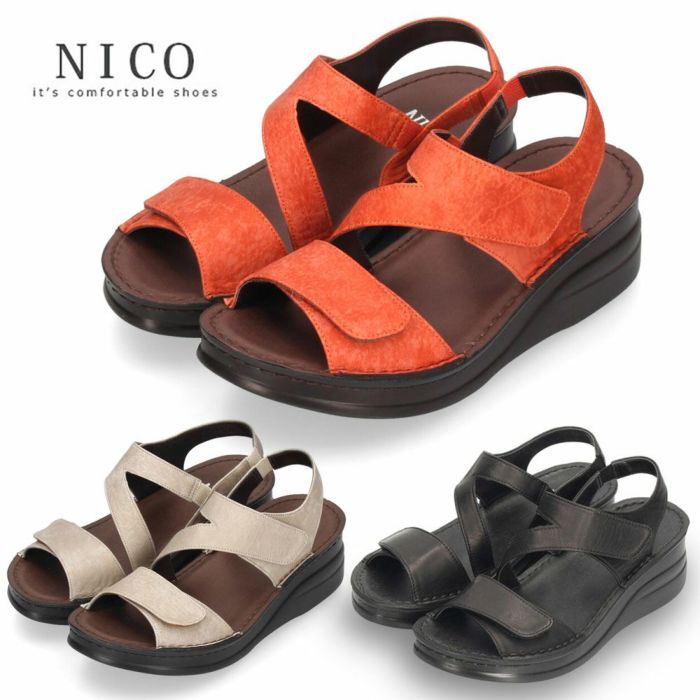 サンダル レディース 厚底 ウエッジソール ストラップ コンフォート NICO ニコ 41711 黒 ブラック ライトグレー　オレンジ カジュアル 本革 日本製
