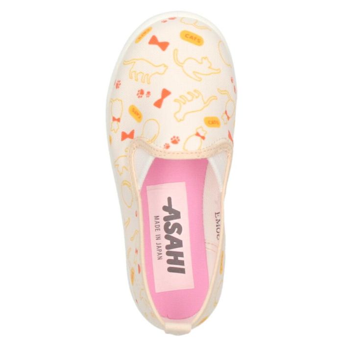 アサヒシューズ スニーカー キッズ 女の子 P133 KC37342 ベージュ ネコ柄 子供 靴 スリッポン ASAHI 日本製 【tki】