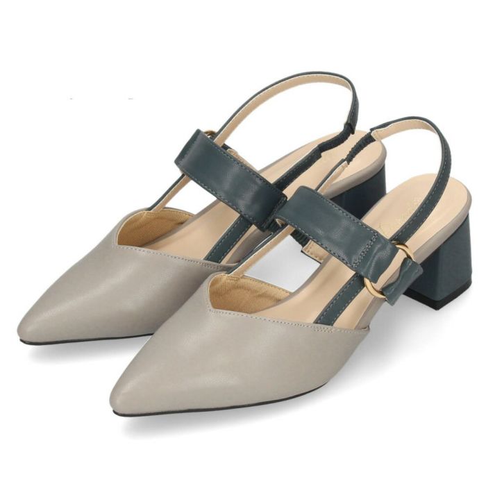 レディース パンプス きれいめ サンダル バッグストラップ 甲ベルト ローヒール バイカラー ポインテッド Parade 5140 黒 グレー ベージュ ブラック 型押し