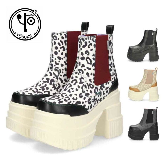 サイドゴア ブーツ レディース 厚底ブーツ ショート 黒 ヨースケ YOSUKE 靴 チェルシーブーツ 4460050 ブラック ベージュ グレー マルチ レオパード