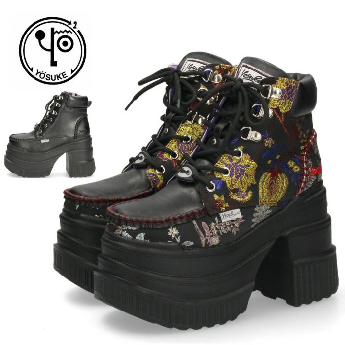 ブーツ レディース 厚底ブーツ ショート 黒 ヨースケ YOSUKE 靴 幅広 3E 編み上げブーツ 4460057 ブラック ブラックマルチ チャンキーヒール サイドジップ