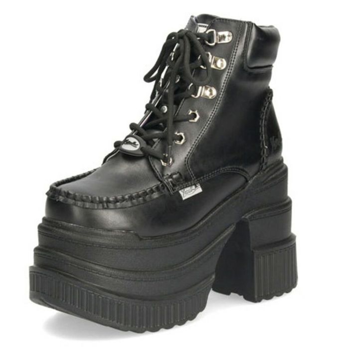 ブーツ レディース 厚底ブーツ ショート 黒 ヨースケ YOSUKE 靴 幅広 3E 編み上げブーツ 4460057 ブラック ブラックマルチ チャンキーヒール サイドジップ