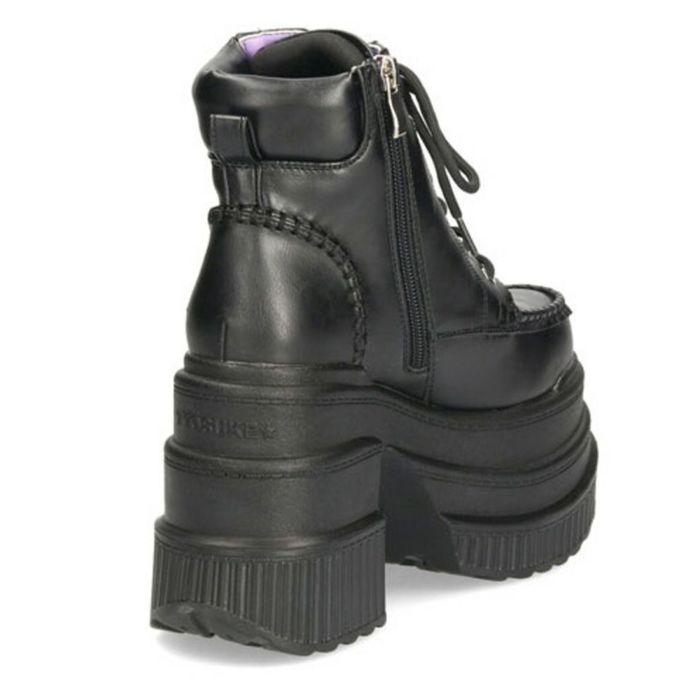 ブーツ レディース 厚底ブーツ ショート 黒 ヨースケ YOSUKE 靴 幅広 3E 編み上げブーツ 4460057 ブラック ブラックマルチ チャンキーヒール サイドジップ