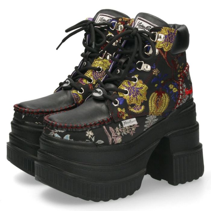 ブーツ レディース 厚底ブーツ ショート 黒 ヨースケ YOSUKE 靴 幅広 3E 編み上げブーツ 4460057 ブラック ブラックマルチ チャンキーヒール サイドジップ