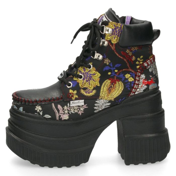 ブーツ レディース 厚底ブーツ ショート 黒 ヨースケ YOSUKE 靴 幅広 3E 編み上げブーツ 4460057 ブラック ブラックマルチ チャンキーヒール サイドジップ