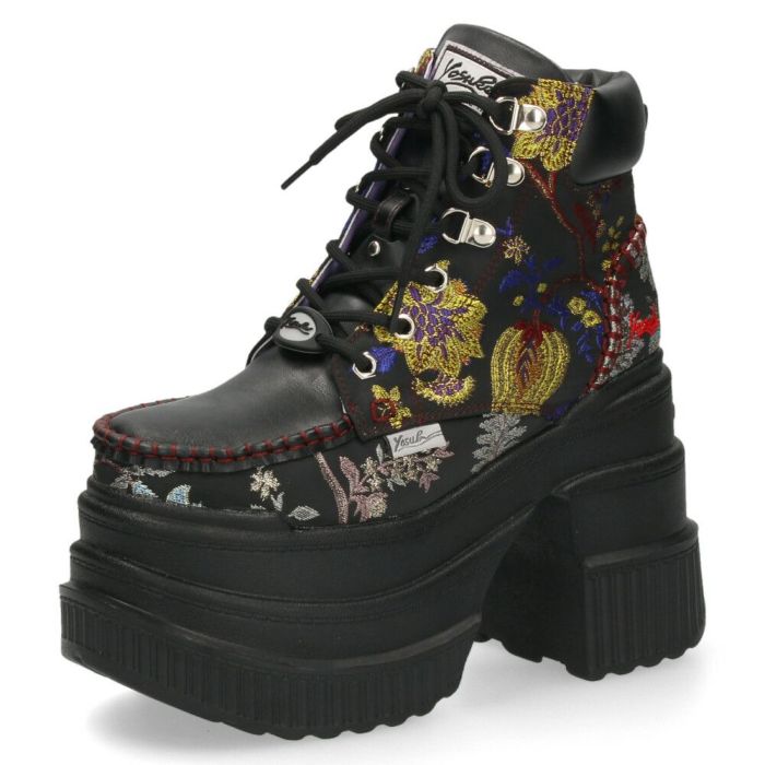 ブーツ レディース 厚底ブーツ ショート 黒 ヨースケ YOSUKE 靴 幅広 3E 編み上げブーツ 4460057 ブラック ブラックマルチ チャンキーヒール サイドジップ