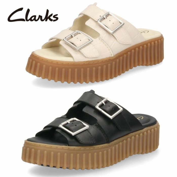 クラークス レディース サンダル 厚底 スライドサンダル 本革 ブラック ホワイト レザーサンダル Clarks Torhill Slide トーヒルスライド 26176430 26176428 