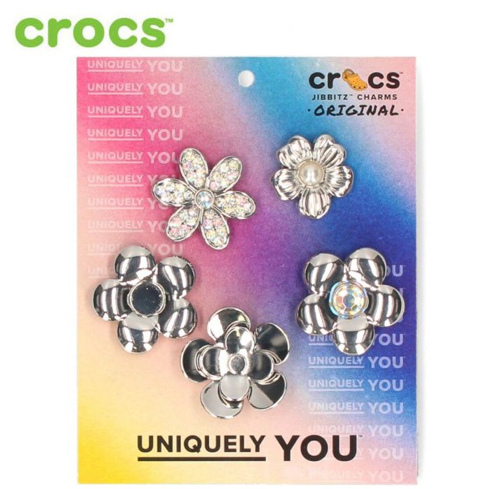 クロックス ジビッツ チャーム アクセサリー crocs モンクローム シルバー フラワーズ 10013258 Monochrome Slvr Flowers 5Pack 花  JIBBITZ カスタマイズ