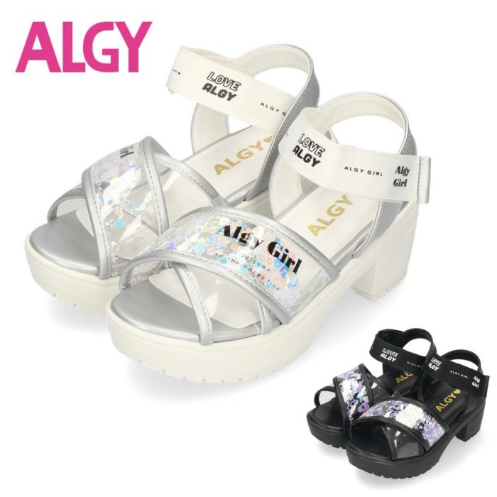 ALGY アルジー キッズ サンダル 女の子 3934 厚底 クリア ビニール ベルクロ クロスストラップ スパンコール 