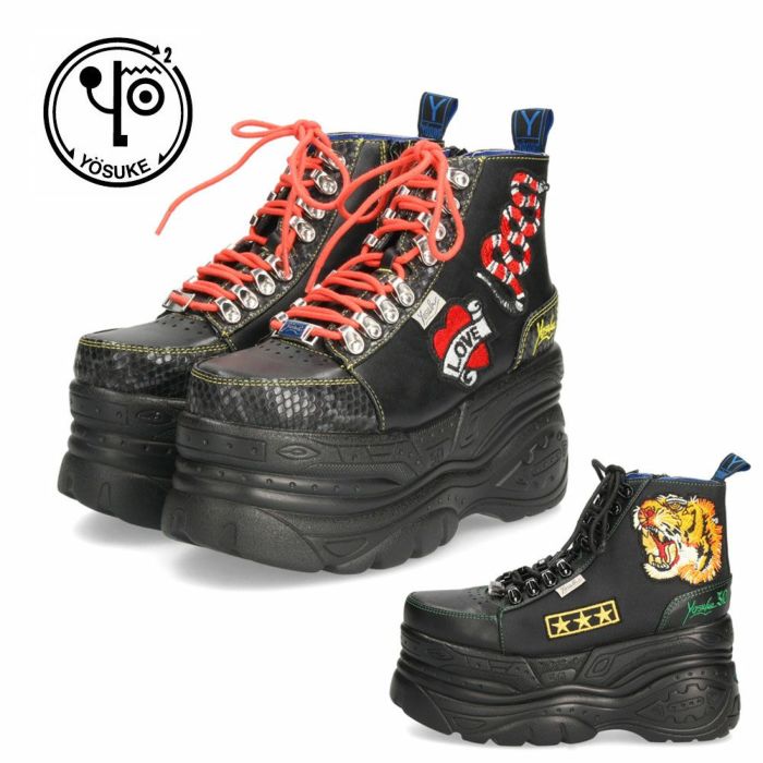 ヨースケ スニーカー yusuke shoes レディース 2601142 靴 ワッペン付き厚底スニーカ 3E ハイカット レースアップ 安定感