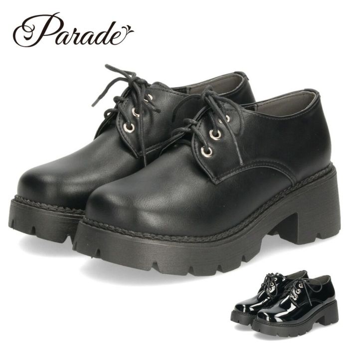 レースアップシューズ レディース 厚底 紐靴 タンクソール オックスフォード プラットフォーム 黒 エナメル 太ヒール 6cm マニッシュ 靴 ブラック Parade パレード 1126