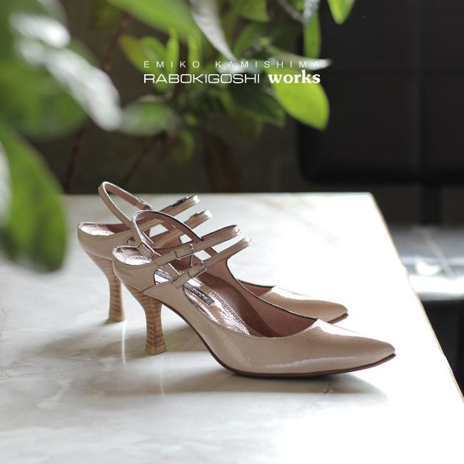 パンプス 黒 ラボキゴシ ワークス ストラップパンプス ヒール バックストラップ ブラック グレー ピンクベージュ エナメル 本革 レディース 靴 RABOKIGOSHI works 12687 