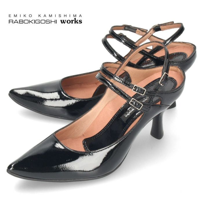 パンプス 黒 ラボキゴシ ワークス ストラップパンプス ヒール バックストラップ ブラック グレー ピンクベージュ エナメル 本革 レディース 靴 RABOKIGOSHI works 12687 