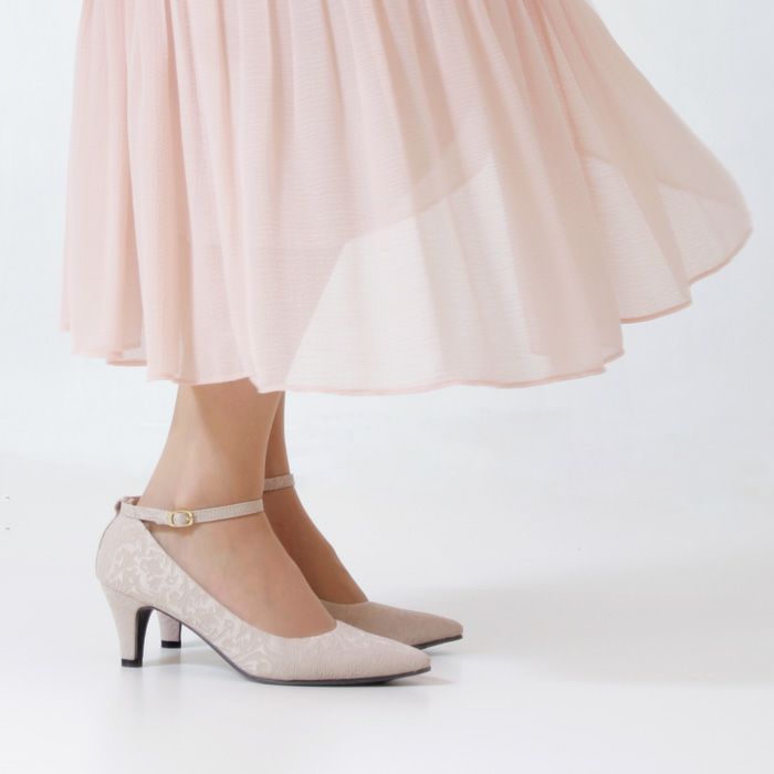 パンプス 結婚式 ストラップ 痛くない ウエディング 二次会 パーティ 太ヒール 6センチヒール レース サテン アンクルストラップ 黒 19038 極ふわっ Parade 靴 レディース
