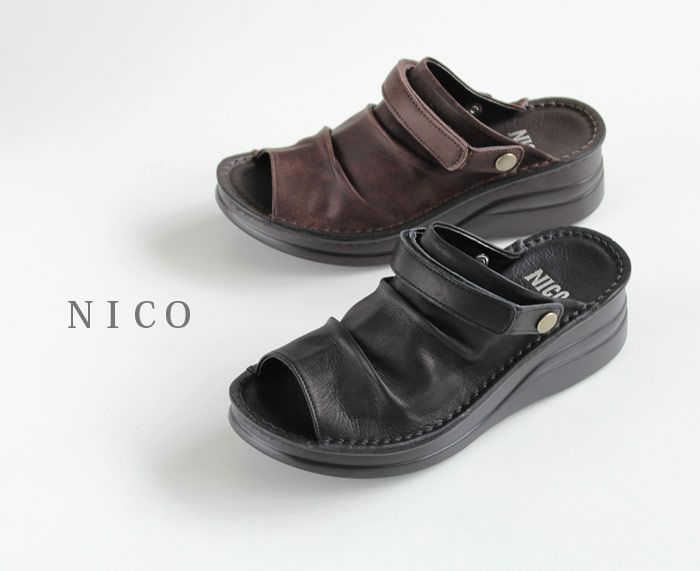 厚底サンダル レディース かかとあり ミュール 靴 NICO ニコ 4039 コンフォートシューズ バックベルト オープントゥ 黒 白 本革 日本製