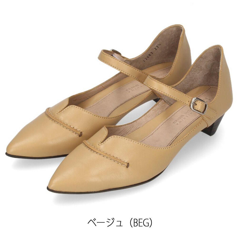 ラボキゴシ ワークス レディース パンプス ローヒール ストラップシューズ 黒 本革 ブラック ベージュ グレー レッドブラウン 靴 12683 日本製 RABOKIGOSHI works