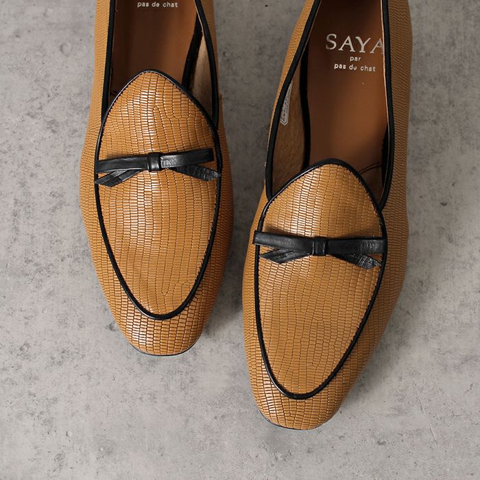 SAYA サヤ レディース ローファー リボン ローヒール フラットシューズ 50982 リザード型押し 本革 日本製 ラボキゴシ