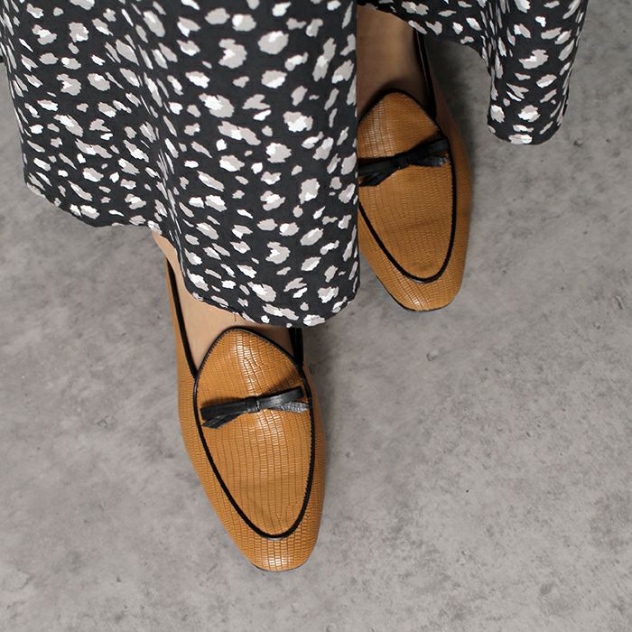 SAYA サヤ レディース ローファー リボン ローヒール フラットシューズ 50982 リザード型押し 本革 日本製 ラボキゴシ