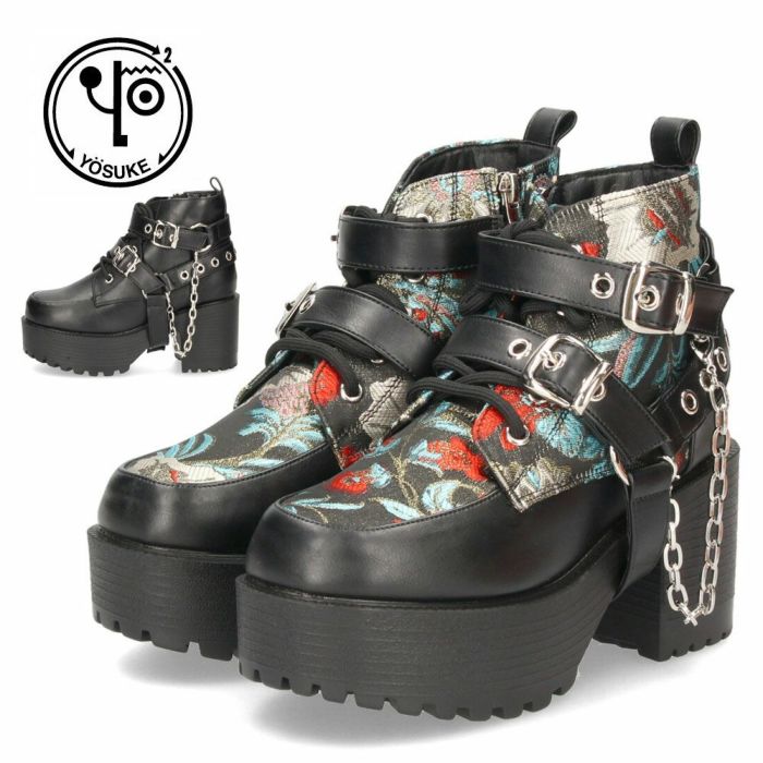 厚底 ショートブーツ レディース ブラック 黒 幅広 3E ヨースケ 靴 YOSUKE 4450017 ベルト チェーン チャンキーヒール