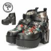 厚底 ショートブーツ レディース ブラック 黒 幅広 3E ヨースケ 靴 YOSUKE 4450017 ベルト チェーン チャンキーヒール