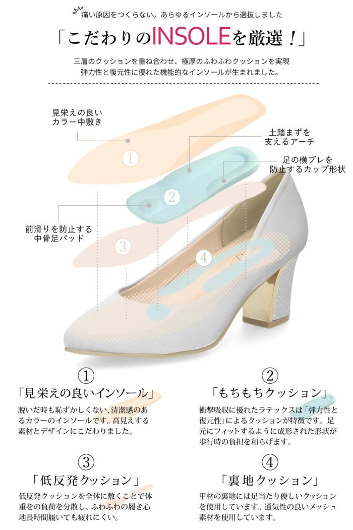 パーティ フォーマル 結婚式 痛くない 疲れない パンプス レディース 6.5cm ドレス アーモンドトゥ 極ふわっ 太ヒール ローヒール ラメヒール Parade 24015