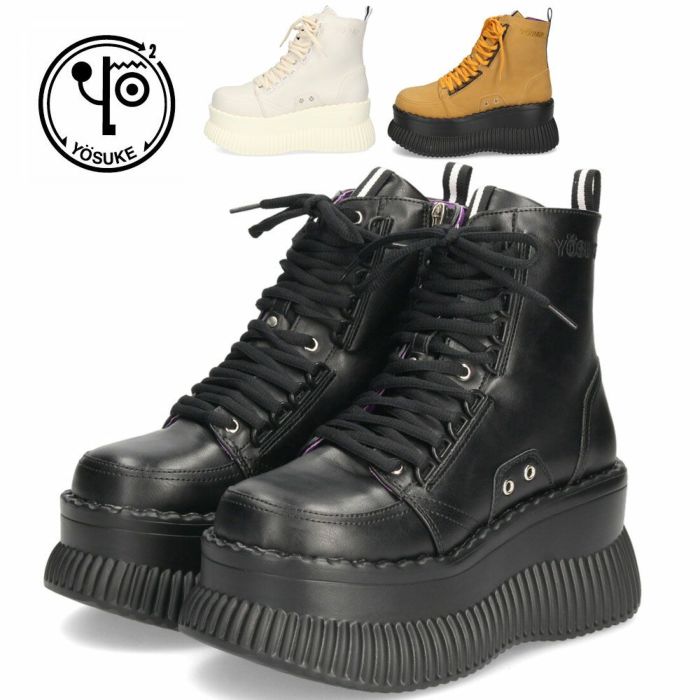 ブーツ レディース 厚底 靴 ヨースケ YOSUKE 4460084 ショートブーツ レースアップ 黒 チャンキーソール ブラック アイボリー イエロー 3E ゆったり 幅広 