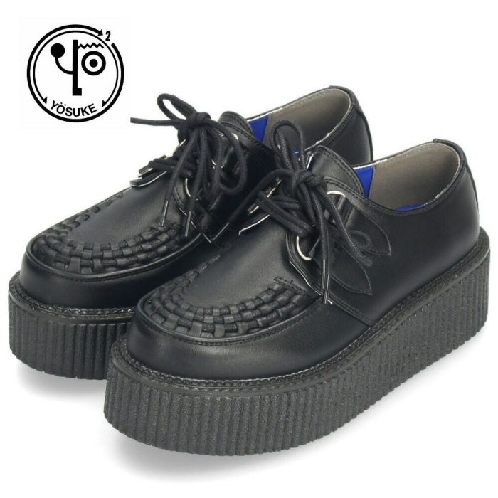 ヨースケ YOSUKE 厚底ローファー ラバーソール レディース 黒 レースアップ シューズ 2810025 靴 カジュアル ブラック 幅広 ゆったり ３E プラットフォーム