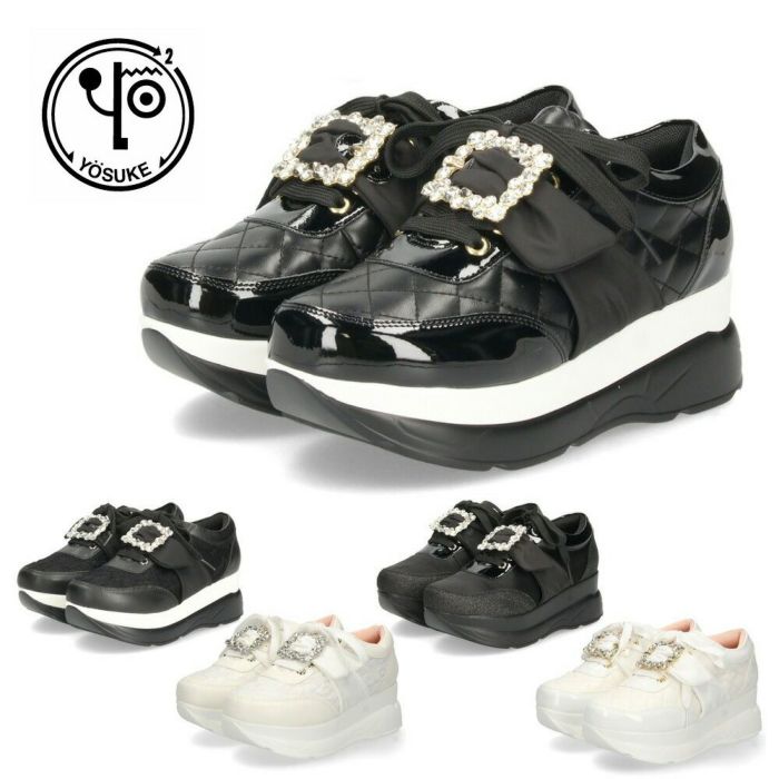 ヨースケ YOSUKE U.S.A レディース 厚底スニーカー 4450003 ホワイト ブラック 靴 6cm レースアップ バックル フラット 軽量