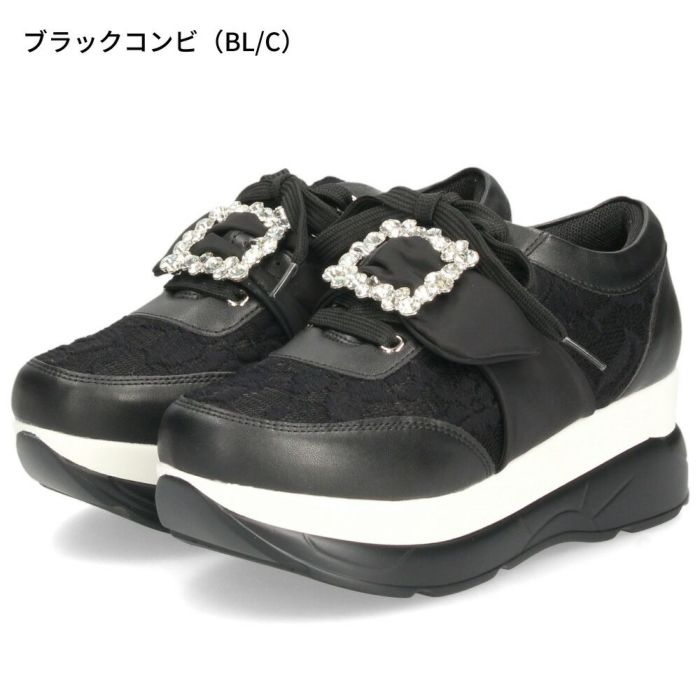 ヨースケ YOSUKE U.S.A レディース 厚底スニーカー 4450003 ホワイト ブラック 靴 6cm レースアップ バックル フラット 軽量
