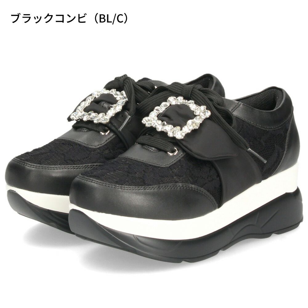 ヨースケ YOSUKE U.S.A レディース 厚底スニーカー 4450003 ホワイト ブラック 靴 6cm レースアップ バックル フラット 軽量
