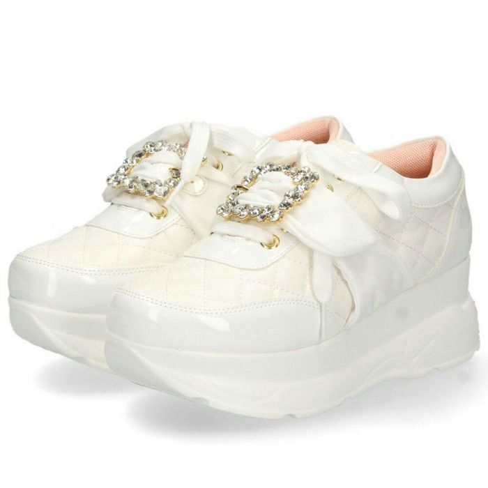 ヨースケ YOSUKE U.S.A レディース 厚底スニーカー 4450003 ホワイト ブラック 靴 6cm レースアップ バックル フラット 軽量