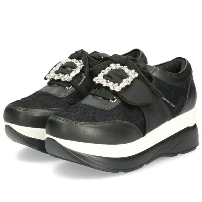 ヨースケ YOSUKE U.S.A レディース 厚底スニーカー 4450003 ホワイト ブラック 靴 6cm レースアップ バックル フラット 軽量