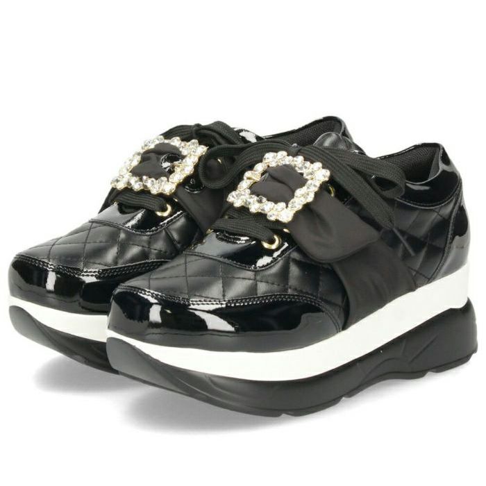 ヨースケ YOSUKE U.S.A レディース 厚底スニーカー 4450003 ホワイト ブラック 靴 6cm レースアップ バックル フラット 軽量