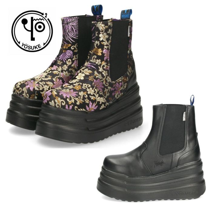 ブーツ レディース 厚底 3E ゆったり 幅広 サイドゴア ヨースケ YOSUKE 2710026 ショートブーツ 黒 チャンキーソール ブラックマルチ 靴