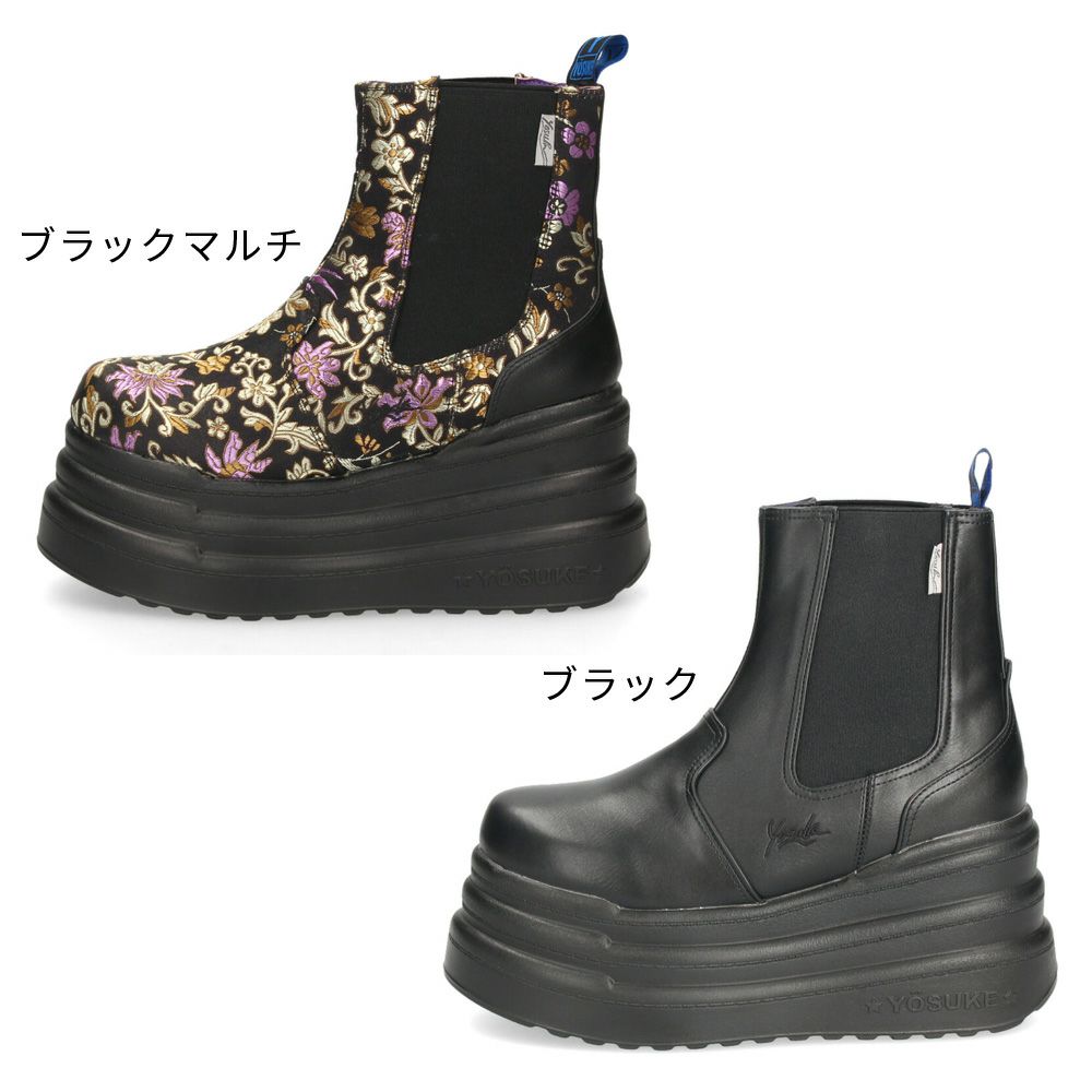 ブーツ レディース 厚底 3E ゆったり 幅広 サイドゴア ヨースケ YOSUKE 2710026 ショートブーツ 黒 チャンキーソール ブラックマルチ 靴