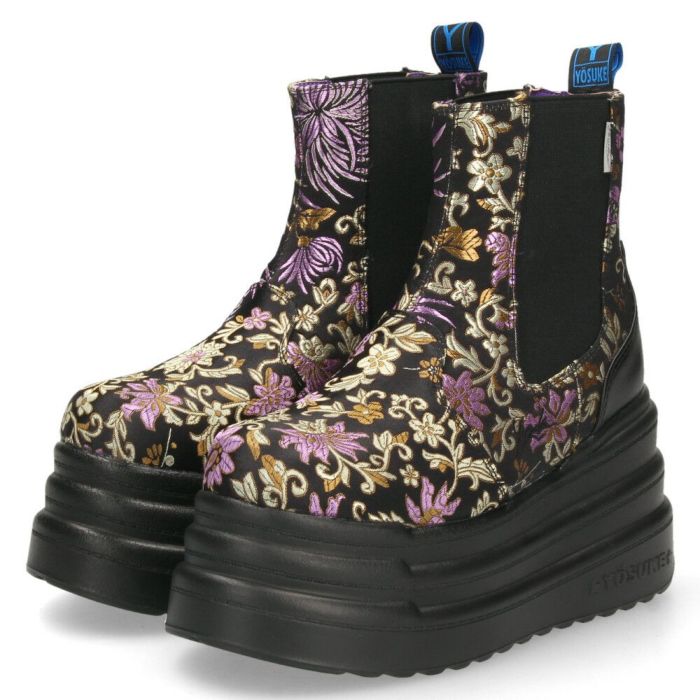 ブーツ レディース 厚底 3E ゆったり 幅広 サイドゴア ヨースケ YOSUKE 2710026 ショートブーツ 黒 チャンキーソール ブラックマルチ 靴