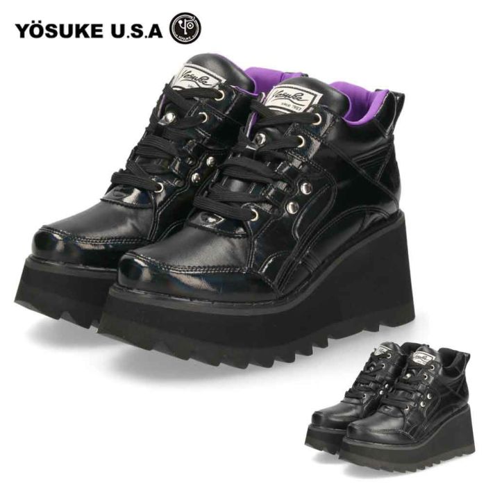 ヨースケ YOSUKE レディース 厚底スニーカー 3E 幅広 6310021 黒 ブラック 靴 7cm レースアップ サイドジップ