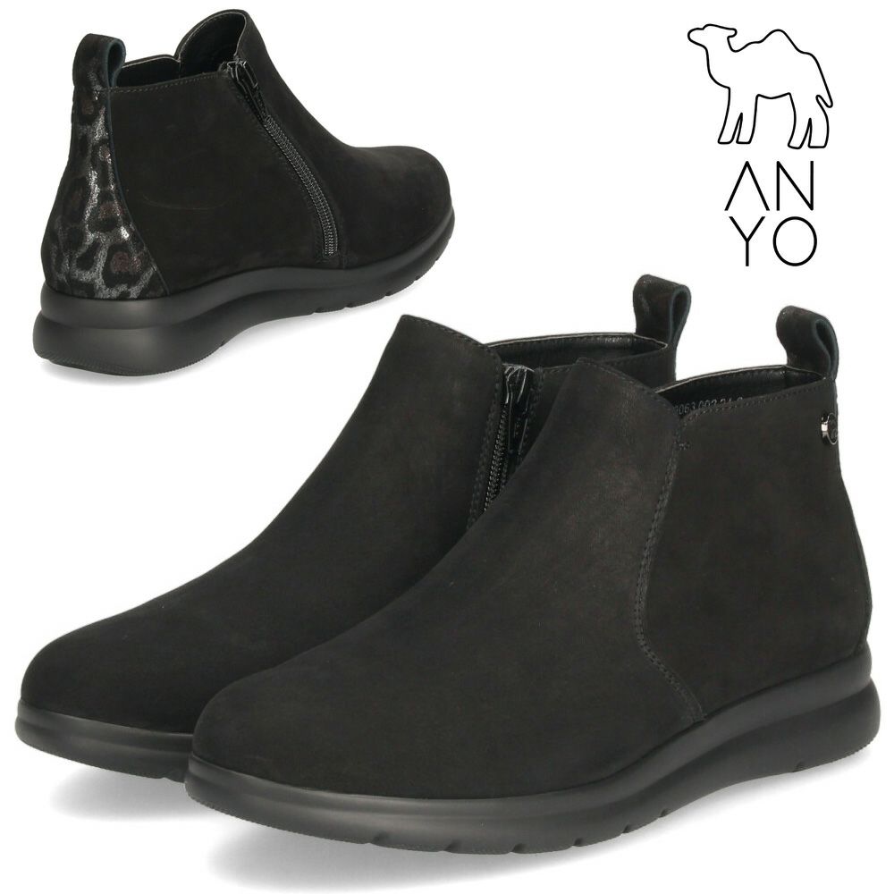 レディース ブーツ ぺたんこ ショート 本革 黒 スニーカーブーツ ANYO