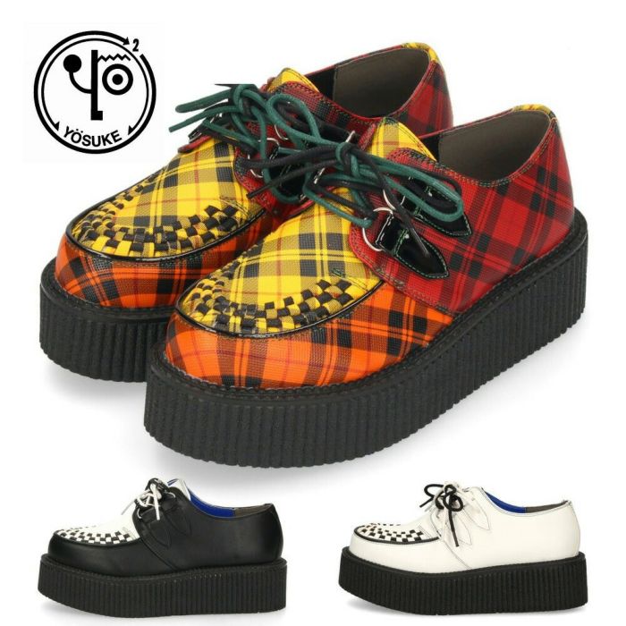 ヨースケ 厚底 ラバーソール 靴 レディース 2810125 ブラック ホワイト マルチ チェック柄 カジュアル レースアップシューズ YOSUKE