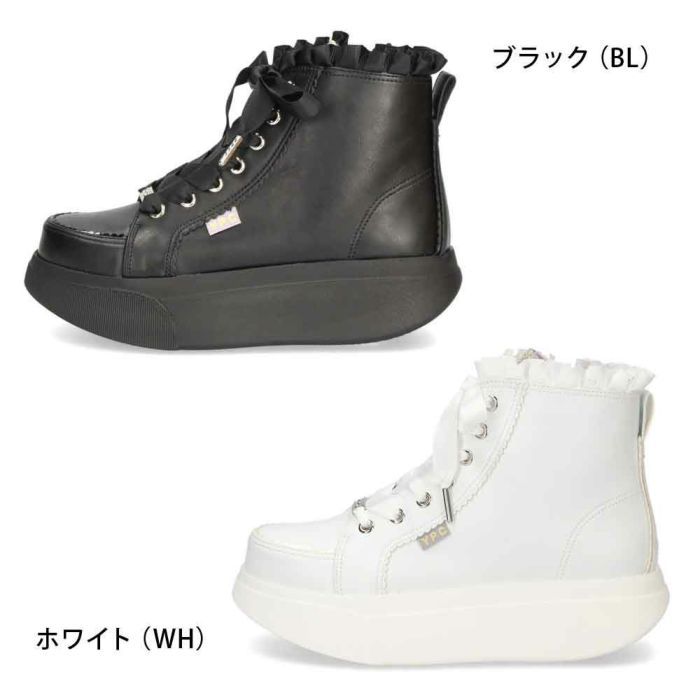 ヨースケ YOSUKE レディース 厚底スニーカー 3E 幅広 4450062 ホワイト ブラック 靴 5cm レースアップ フリル サテンリボン サイドジップ