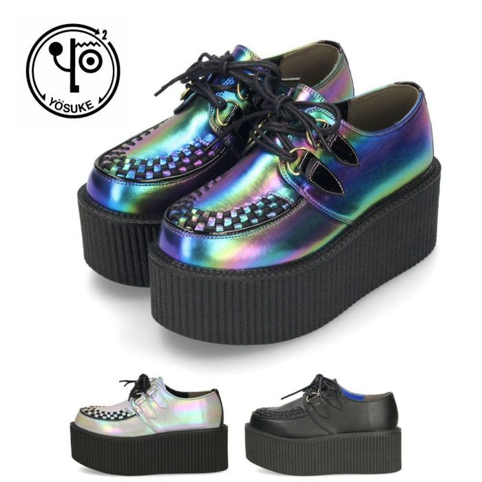 ヨースケ ローファー ラバーソール レディース 厚底 黒 レースアップ シューズ YOSUKE 2810051 靴 カジュアル ブラック 幅広 ３E