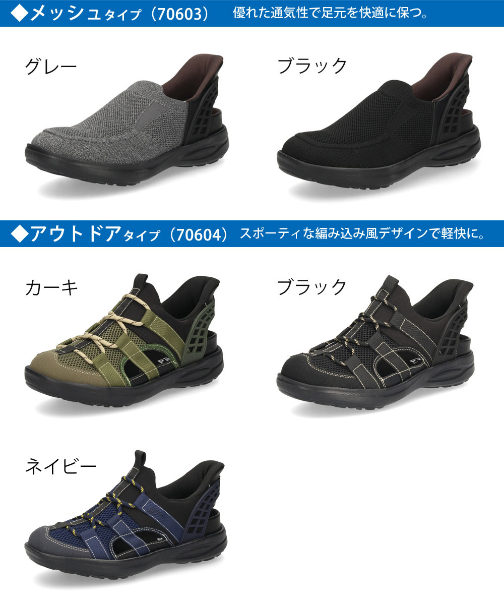 メンズ サンダル かかと付き 履きやすい ハンズフリー 靴 グルカサンダル ブラック ブラウン グレー おしゃれ 合皮 メッシュ 通気性 軽量 パレード Parade 70603 70612 70613