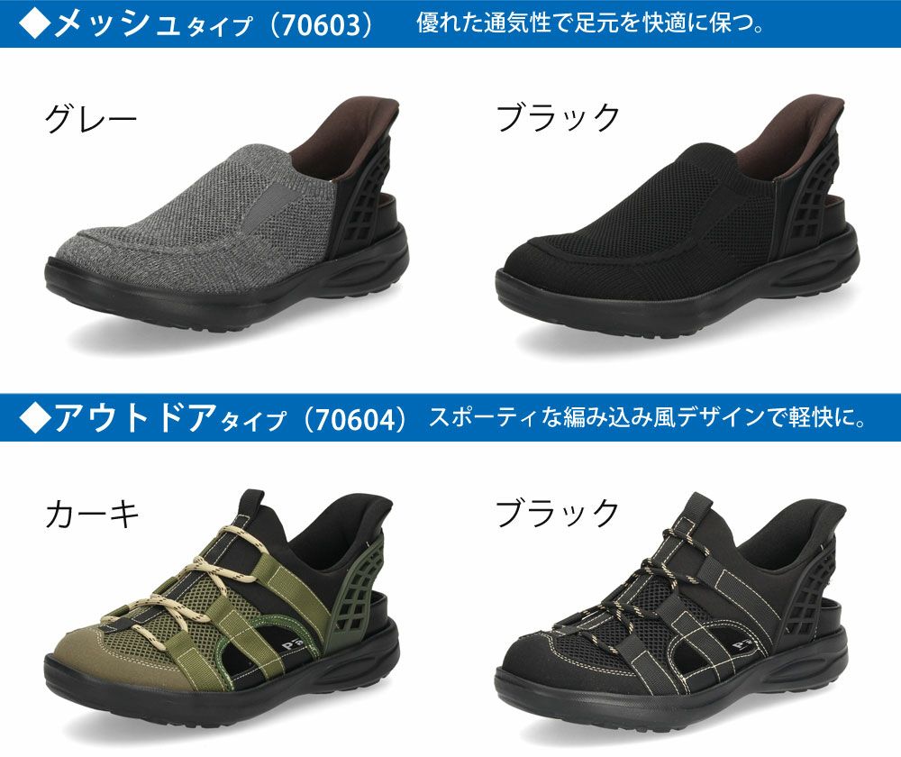 メンズ サンダル かかと付き 履きやすい ハンズフリー 靴 グルカサンダル ブラック ブラウン グレー おしゃれ 合皮 メッシュ 通気性 軽量 パレード Parade 70603 70612 70613