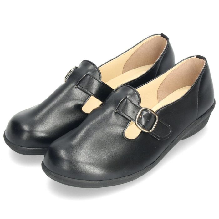 レディース パンプス 靴 ベルト付き フラットソール 軽量 クッションインソール Parade 34004 ブラック スチール