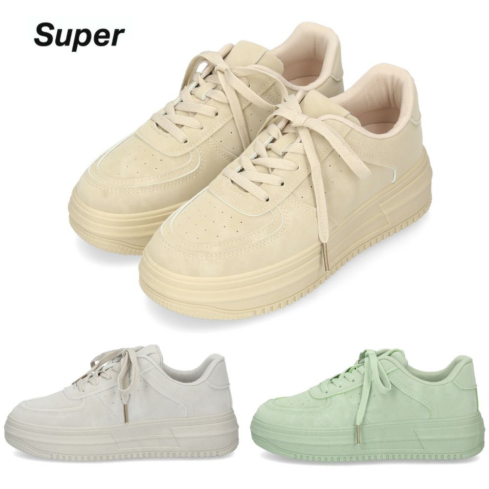 スニーカー レディース 靴 ローカット レースアップ ウォッシュ加工 厚底 カジュアル グレー アイボリー ミント Super 95023