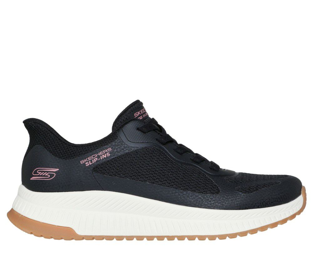スケッチャーズ スリップインズ レディース スニーカー ハンズフリー 厚底 ゴム紐 スリッポン SKECHERS Slip-ins ボブス スクワッド 4 - ステイプル ルック 117624 BLK TPE ブラック トープ 黒 ノーマル幅