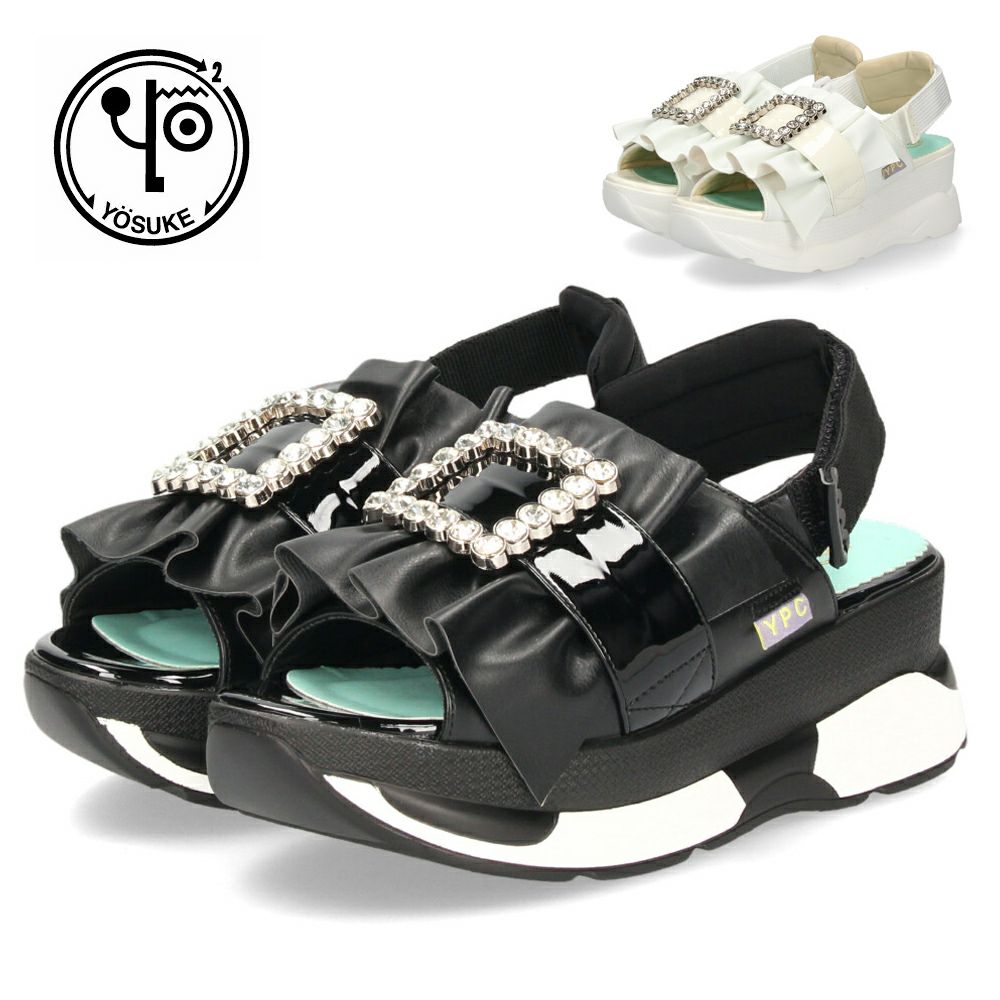 ヨースケ 厚底サンダル レディース ブラック ホワイト 黒 白 ビジュー フリル バックストラップ YOSUKE 4450033